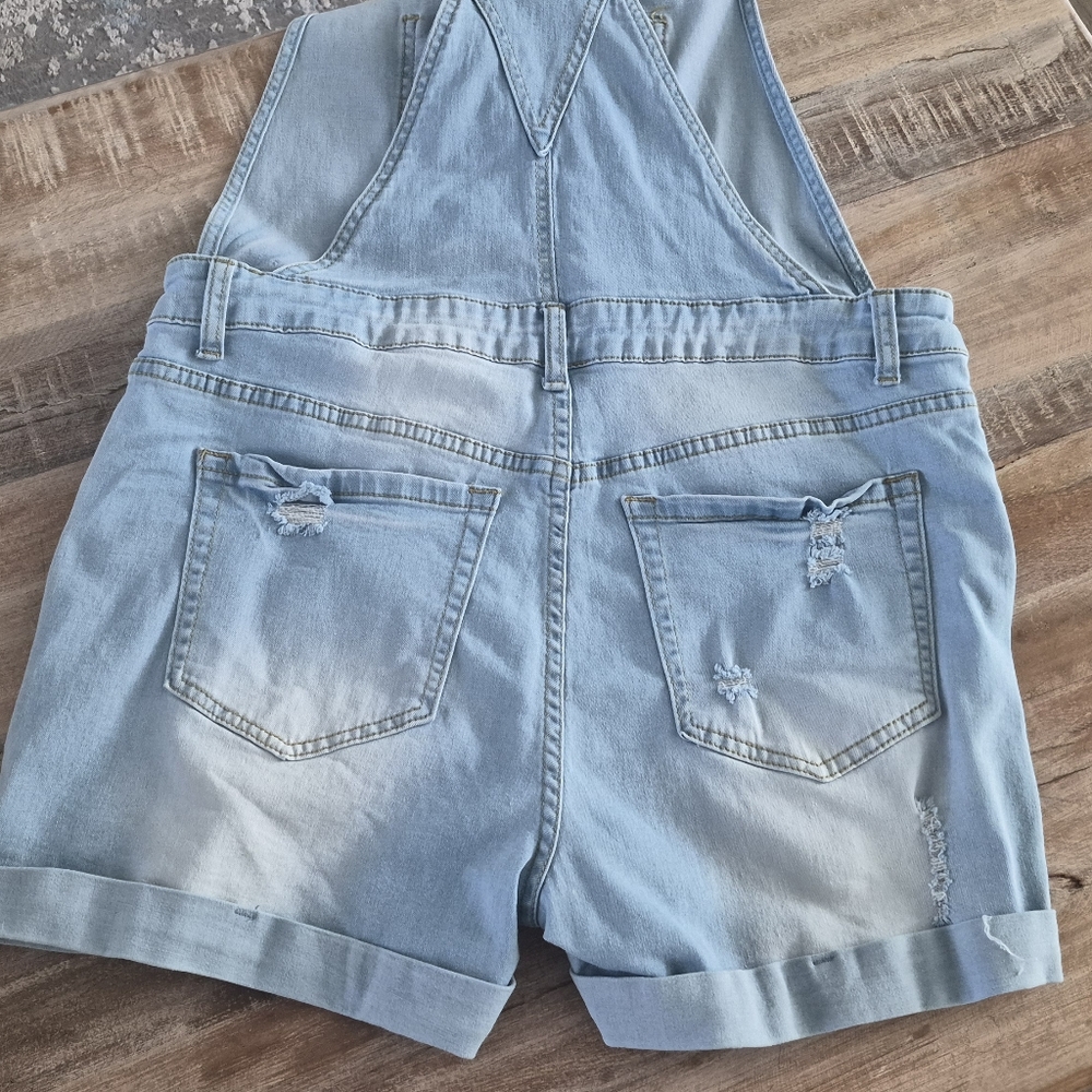 Light Blue Denim Overalls Shorts Size M/ L Destressed Y2k - Picture 6 of 11